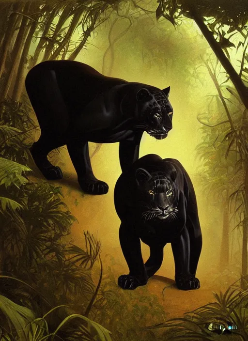 Prompt: a beautiful black jaguar waling in the jungle at night, art by christophe vacher