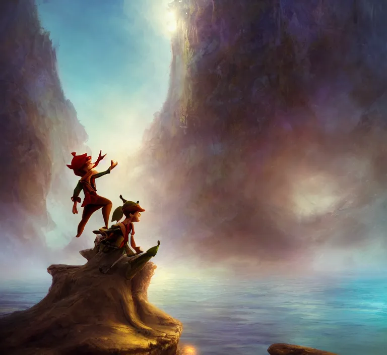 Prompt: peter pan and captain hook, smiling, perfect face, ocean, cinematic, elegant, highly detailed, psychedelic, digital painting, artstation, smooth, hard focus, illustration, art by jessica rossier and and brian froud