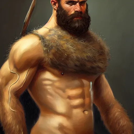 Image similar to portrait of a young rugged male barbarian, handsome, upper body, hairy torso, D&D, fantasy, intricate, elegant, highly detailed, digital painting, artstation, concept art, smooth, sharp focus, illustration, art by artgerm and greg rutkowski and alphonse mucha