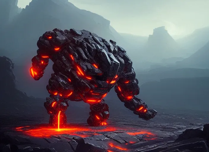 Image similar to epicly designed very muscular stone obsidian robot with human body fighting a deadly beast made from lava with background by greg rutkowski, trending on artstation