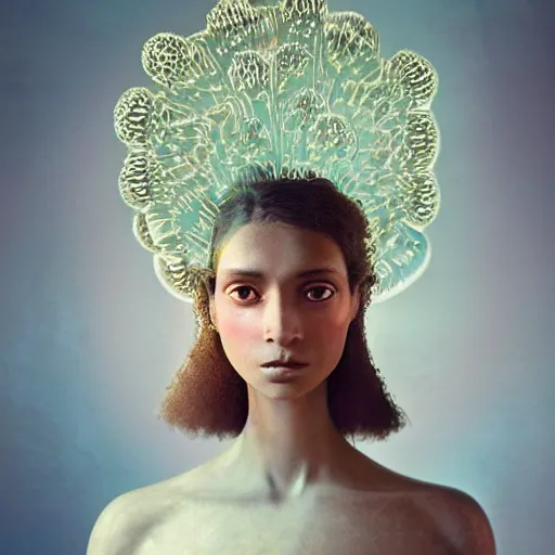 Image similar to a close - up shot of a brown woman wearing a luminous armor made of neon jelly fishes. extremely soft lighting. fragile. peach background. haunting eyes!! coherent face!! no makeup!! muted colors. by ray caesar. by louise dahl - wolfe. by andrea kowch. surreal photography