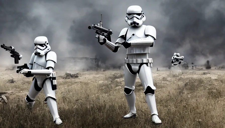 Image similar to Photorealistic Rendering of a Stormtrooper in World War!! 2 on a battlefield between ruins, Wallpaper, Hyperdetailed, Raytraced, Haze