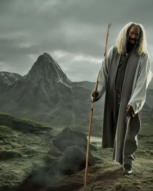 Image similar to Snoop Dogg in the role of Gandalf the Grey with his staff, film still, amazing short, 8K, IMAX, ultra detailed, Lord of the ribg