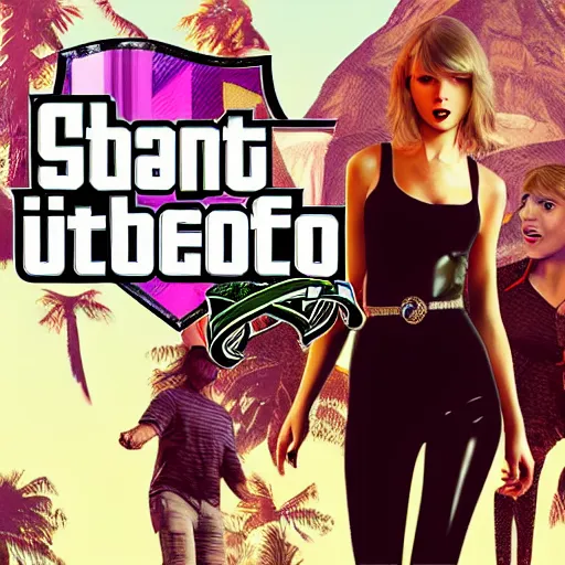 Prompt: Taylor Swift in GTA 5, cover art by Stephen Bliss