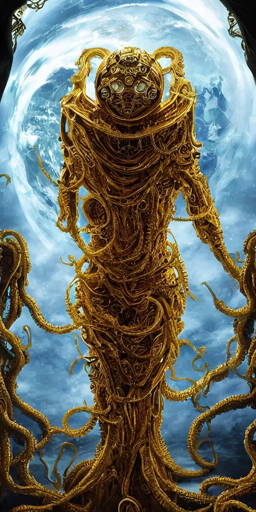 Image similar to a portait of a 8k ultra realistic corrupted lovecraftian golden humanoid queen standing next to a spaceship window overlooking earth, 8 intricate white and gold tentacles, ornate white and gold armour, cinematic lighting, trending on artstation, 4k, hyperrealistic, focused, extreme details, unreal engine 5, cinematic, masterpiece