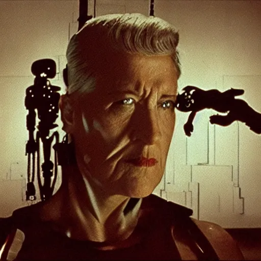 Image similar to movie still of a cyborg, facial expression, cinematic composition, cinematic light, surreal cinema, by david lynch,