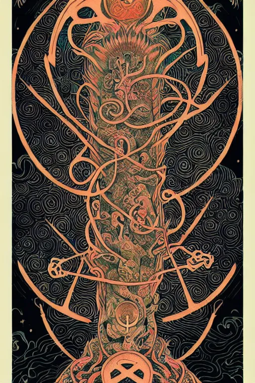 Image similar to tattoo design for the forest of awareness, strange creatures and ancient runes, tibetan calligraphy, by kilian eng and victo ngai and james jean