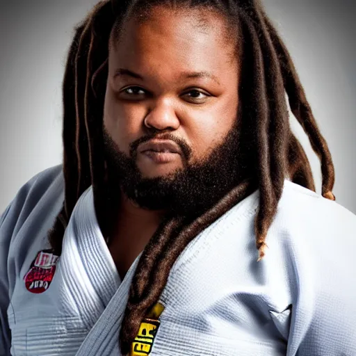 Image similar to photo of chubby black bjj athlete with long dreads posing, serious face, white belt