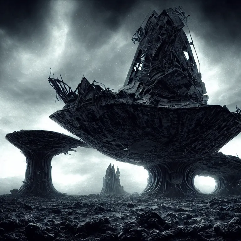Prompt: landscape abandoned alien structure on exoplanet, wrecked technology, antennas, spire, dark clouds, surreal abandoned buildings, dream-like heavy atmosphere, baroque painting, beautiful detailed intricate insanely detailed octane render trending on Artstation, 8K artistic photography, photorealistic, dramatic volumetric cinematic light, chiaroscuro, award-winning photograph, masterpiece, Raphael, Caravaggio, Beksinski, Giger