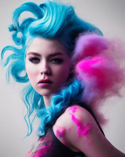 Image similar to a dramatic lighting photo of a beautiful young woman with cotton candy hair. blood splashes with a little bit of cyan and pink