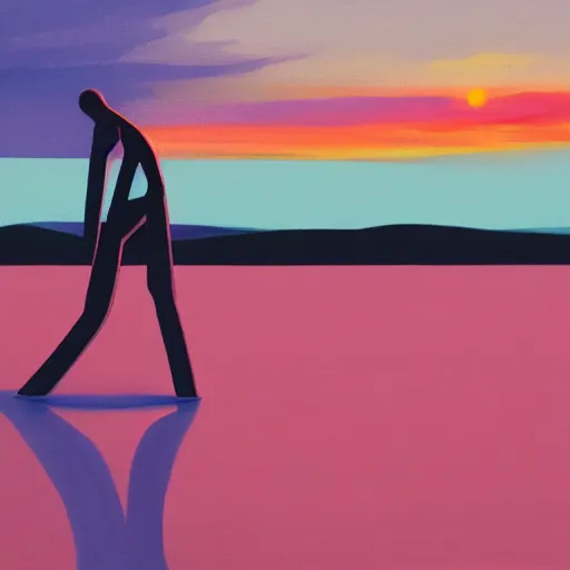 Prompt: a man standing watching the sunset, arms and legs open, behance, dream, acrylics, bosch, soft colour, featured