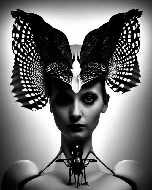 Prompt: surreal mythical dreamy dark artistic black and white fine art 3 / 4 fashion portrait photo of a young beautiful delicate female robot - owl with orchid - doll face, rim light, cinematic, studio dramatic light, poetic, masterpiece, octane render, 8 k, photo - realistic by gustave dore hg giger tamara de lempika