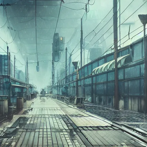 Image similar to raining dark smog wide angle shot dieselpunk dystopia makoto shinkai corrogated steel overhead walkway