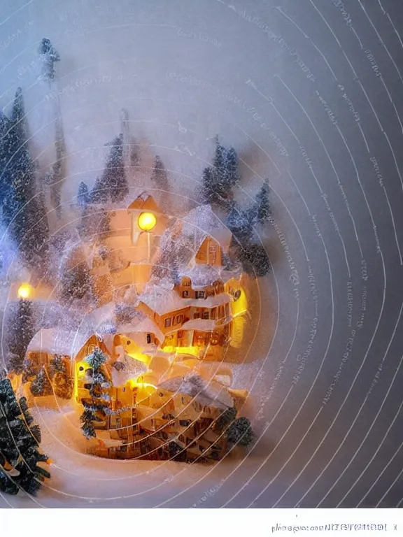 Image similar to small diorama a soviet residential building inside snow globe, lights are on in the windows, cozy atmosphere, fog, cold winter, snowing, streetlamps with orange volumetric light, birches nearby,