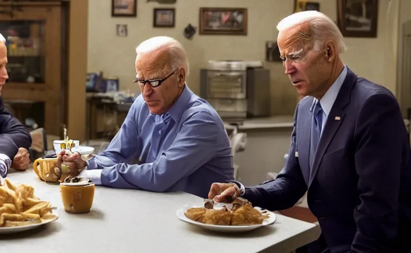 Prompt: photo of joe biden and walter white in los pollos hermanos sitting on the same table, ultra detailed, movie frame, cinematical composition, 4 k, colorful