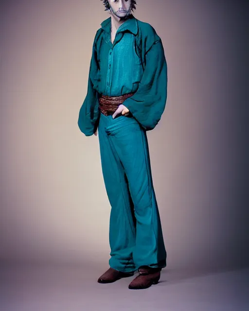 Prompt: an award - winning photo of a ancient male model wearing a teal boot cut flared distressed medieval designer menswear trousers designed by kapital, 4 k, studio lighting, wide angle lens, 2 0 0 4