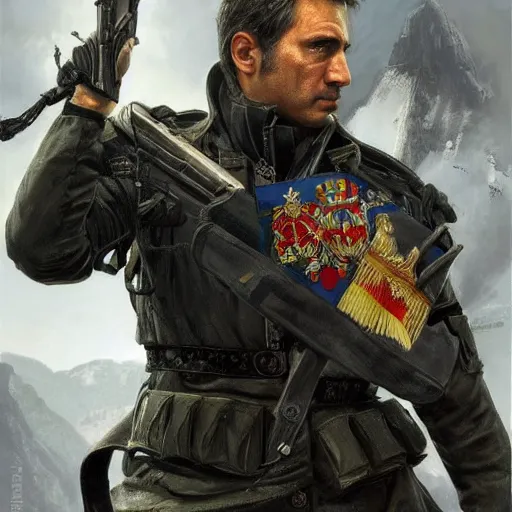 Image similar to Vladimir Putin as General Sebastiano Di Ravello from Just Cause 2 game, portrait, highly detailed, digital painting, artstation, concept art, smooth, sharp focus, illustration, cinematic lighting, art by artgerm and greg rutkowski and alphonse mucha