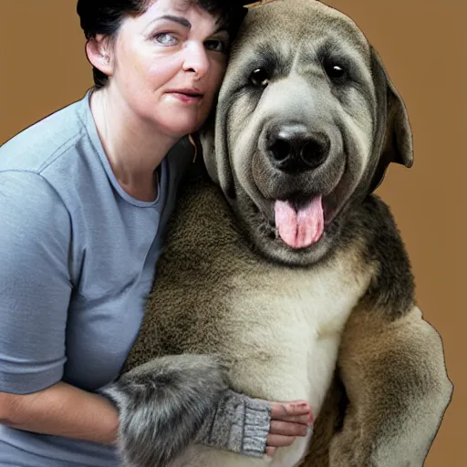 Image similar to portrait of a woman and her giant monster pet
