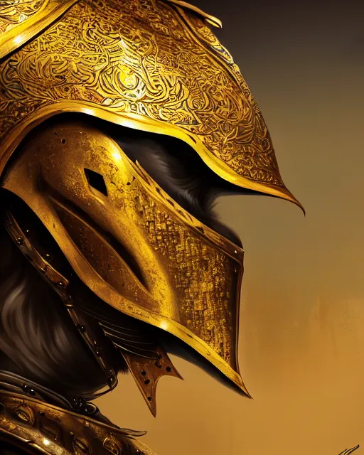 Image similar to realistic side view painting of the king of the desert, angry, wide angle, gold armour, sword, dramatic lighting, intricate, wild, highly detailed, digital painting, artstation, concept art, smooth, sharp focus, illustration