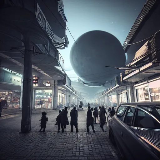 Prompt: Street photo in a crowded future city on Moon, Neo Norilsk, sci-fi, 35mm, intricate, very very beautiful, elegant, highly detailed, smooth, Unreal Engine 5, sharp focus, by Evgeny Zubkov, by Marat Zakirov, trending on Behance