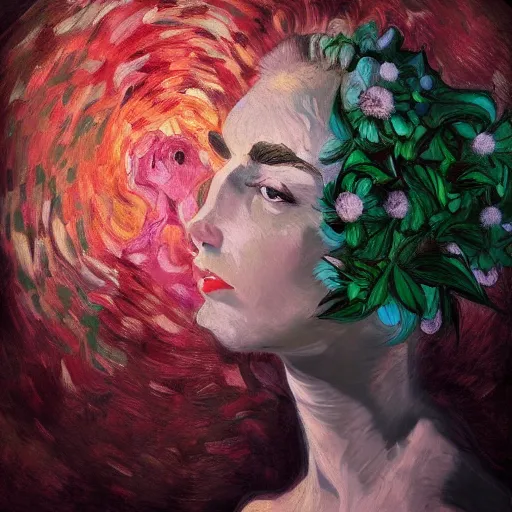 Image similar to giant flower head, woman in a luxury apartment, surreal photography, dramatic light, impressionist painting, digital painting, artstation, van gogh