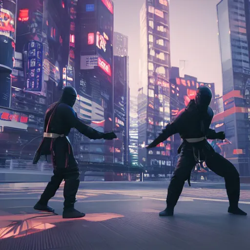 Image similar to fight of two ninja on cyber punk tokyo cityscape, unreal engine, octane render, haze, 8k, cinematic camera composition