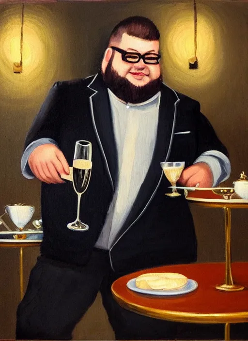 Prompt: oil painting of a fat guy with glasses, short beard, odd haircut and a glass of champagne, in classic suit in a bar setting, dimly lights, afternoon tea, a very interesting and intellectual person