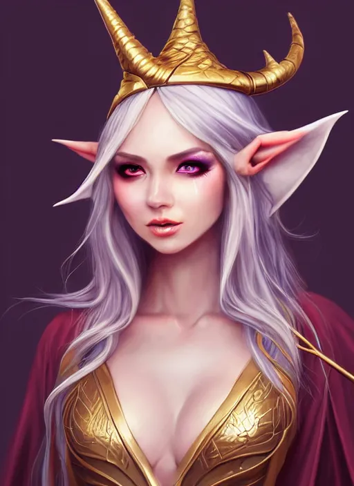 Image similar to full body portrait beautiful elf sorceress, skintight robes, hat, tunic, detailed face, golden hair, big red eyes, white skin, forest, scepter, high fantasy, extemely detailed, dnd, smooth, sharp focus, digital illustration, by artgerm, sakimichan, rossdraws