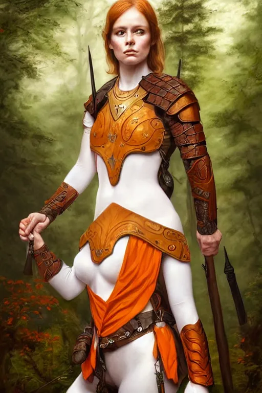 Image similar to full - body portrait of a ranger in a forest, female, white and orange breastplate, magical, high fantasy, d & d, by john collier, face details, extremely detailed, digital illustration