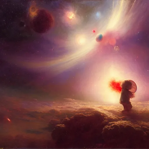 Image similar to a lonley and gloomy baby in middle of space surrounded by colorful stars planets and galaxies, high detail, by gaston bussiere, bayard wu, greg rutkowski, odd nerdrum, maxim verehin, dan dos santos, masterpiece, sharp focus, cinematic lightning