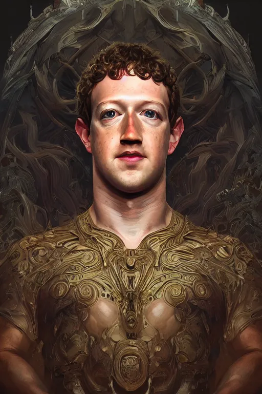 Image similar to portrait of mark zuckerberg as a hulking herculean demon, forest, godlike, full body, fantasy, intricate, elegant, highly detailed, digital painting, artstation, concept art, sharp focus, illustration, art by artgerm and greg rutkowski and alphonse mucha