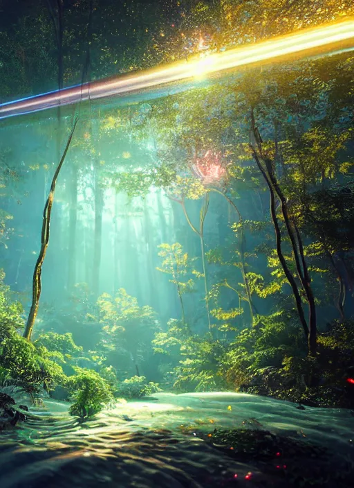 Image similar to beauteous sumptuous, with incredible iridescent pearlescent voluminous fluorescent neon indirect soft glow cinematic lighting, crystalline masterpiece incrustations, hyperdetailed features, movie still, intricate, octane render, cinematic forest lighting, unreal engine, crepuscular rays, god rays