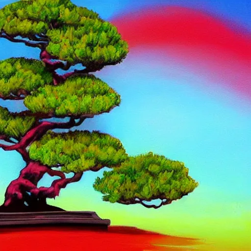 Prompt: a beautiful painting of a bonsai tree near a pond, red color scheme