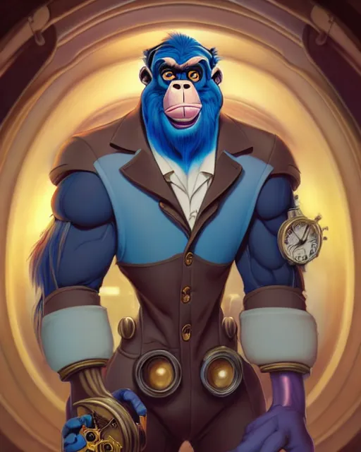 Prompt: don bluth, loish, artgerm, joshua middleton, steampunk, clockpunk anthropomorphic gorilla, full blue suit, smiling, symmetrical eyes symmetrical face, colorful animation forest background