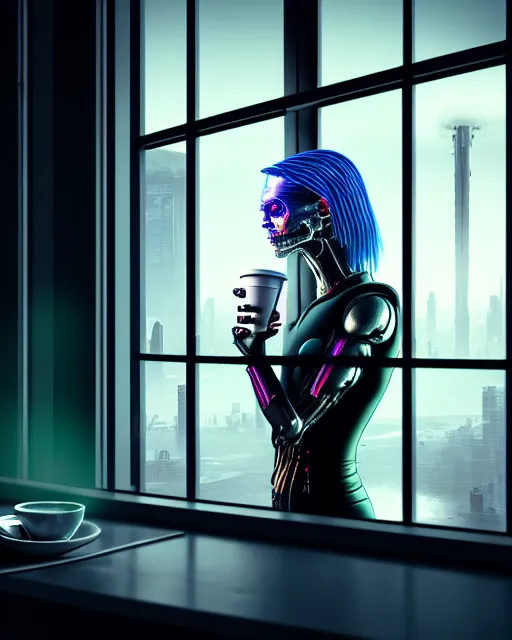 Prompt: a terminator cyborg lady with borg implants is drinking coffee near a window with dystopian city visible outside. tiny green led lights in her cybernetics. very detailed 8 k. horror cyberpunk style.