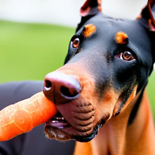 Image similar to doberman dog eating a carrot, photo