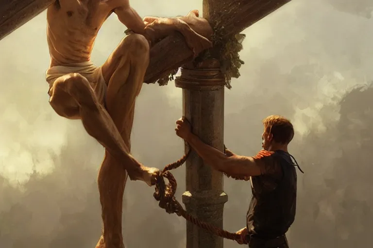 Image similar to a man tied to a pillar and jack russel terrier pissing on him, highly detailed, hyperrealistic digital painting, artstation, concept art, smooth, sharp focus, illustration, cinematic lighting, art by artgerm and greg rutkowski and alphonse mucha