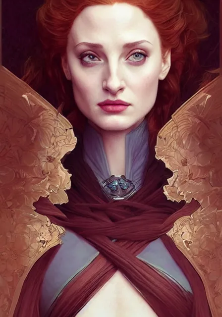 Prompt: sansa angeline jolie gessica chastain queen of death, intricate, elegant, highly detailed, digital painting, artstation, concept art, smooth, sharp focus, illustration, art by artgerm and greg rutkowski and alphonse mucha and william - adolphe bouguereau