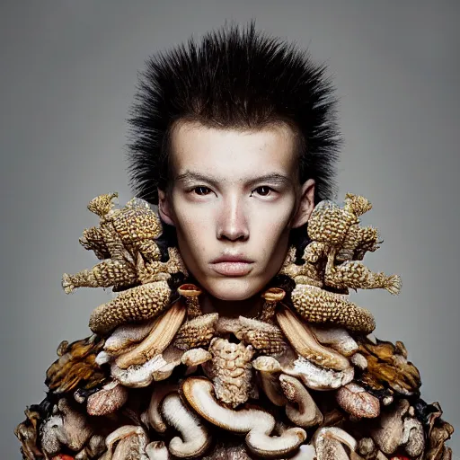 Prompt: a portrait of a beautiful young male wearing an alexander mcqueen armor made of wild mushrooms , photographed by andrew thomas huang, artistic