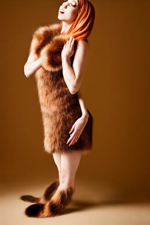 Image similar to very excited catgirl in a gucci dress looking at the most amazing thing in the world, ginger fur, luxury materials, symmetrical, cinematic, elegant, professional studio light, real dlsr photography, sharp focus, 4 k, ultra hd, sense of awe, high fashion