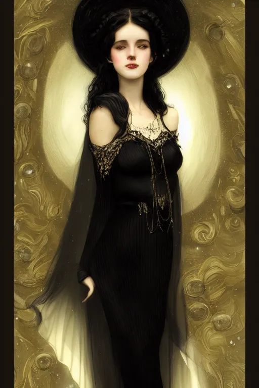 Image similar to Nocturne, glowing, stars, a long-legged elegant sultry woman, long black hair with white tips, pearl choker, highly detailed, mysterious, ethereal, dressed in black velvet, haute couture, illustration, dramatic lighting, soft details, painting, by Edmund Blair Leighton, Brom, Charlie Bowater, trending on artstation, faces by otto schmidt