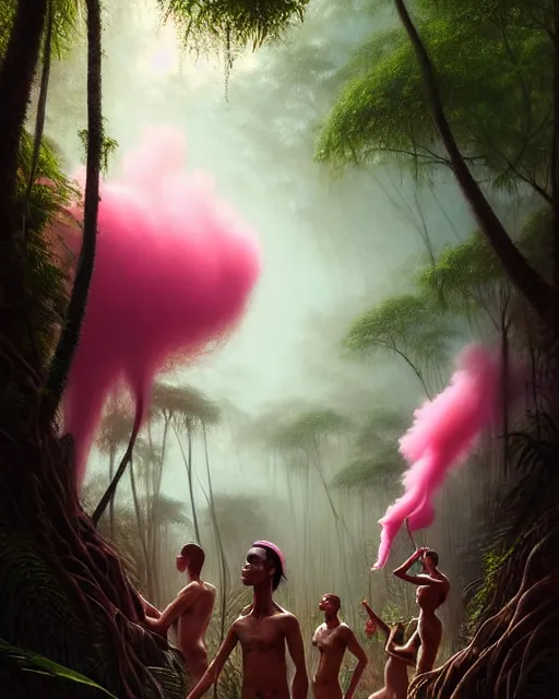 Image similar to a hyper - detailed 3 d render like an oil painting of tribe members in a tropical forest with pink smoke!!!!! surreal concept art, lifelike, photorealistic, digital painting, aesthetic, smooth, sharp focus, artstation hd, by greg rutkowski, bruce pennington, valentina remenar, rhads, asher duran,