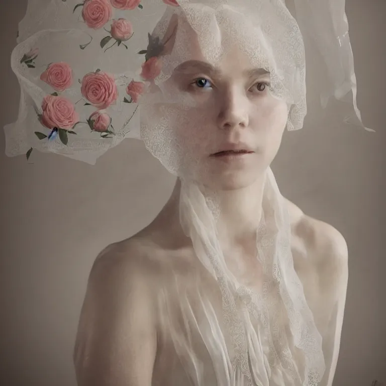 Prompt: hight focus of a wonderful realistic focused sweet wonderful symmetrical mid portrait of a lonely woman with a detailed wonderful, majestic, large semi transparent cream cotton dress ornate with semi transparent cotton roses and semi transparent white veils, dramatic light, octane render - 8 k