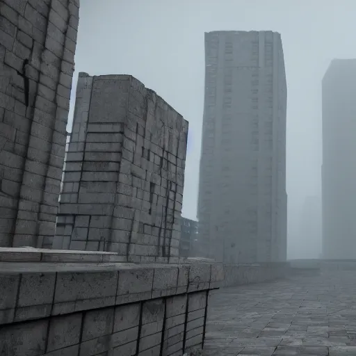 Image similar to wide - angle view of a deserted city with brutalism architecture and stone buildings with overcast and foggy weather. detailed, ultra - realistic, 4 k.