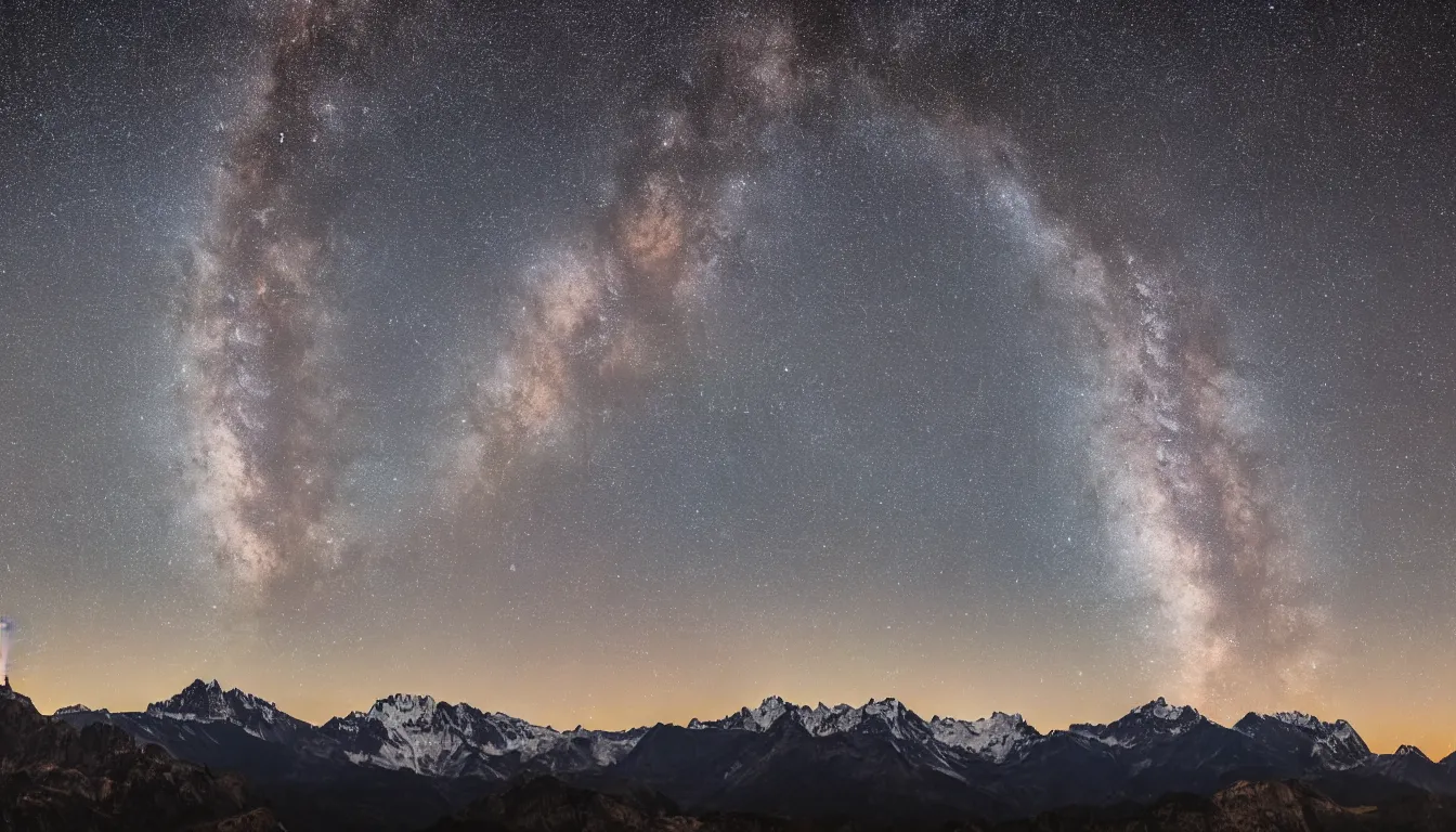 Prompt: night view of milky way behind mountains, 8k photography