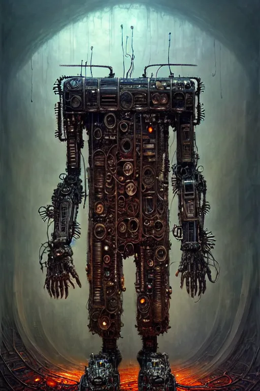 Prompt: A photo of a robot monster cyborg made of circuits wide view shot by ellen jewett , tomasz alen kopera and Justin Gerard, symmetrical features, ominous, magical realism, texture, intricate, ornate, royally decorated, android format, windows, many doors, roofs, complete house , whirling smoke, embers, red adornments, red torn fabric, radiant colors, fantasy, trending on artstation, volumetric lighting, micro details, 3d sculpture, ray tracing, 8k