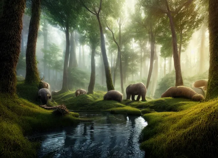 Prompt: hyperrealism, detailed textures, photorealistic 3 d render, a surreal mystical forest with a bright winding creek, a herd of wooly mammoths grazing, ultra realistic cinematic, intricate, cinematic light, concept art, illustration, art station, unreal engine