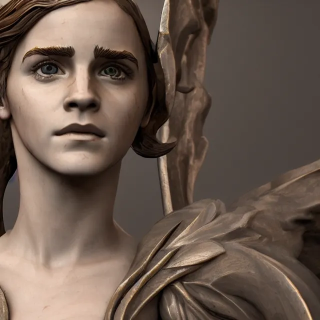 Image similar to marble sculpture of emma watson as an elf warrior, realistic, unreal engine render, octane render, hyper realistic, photo, 8 k, cinematic lighting