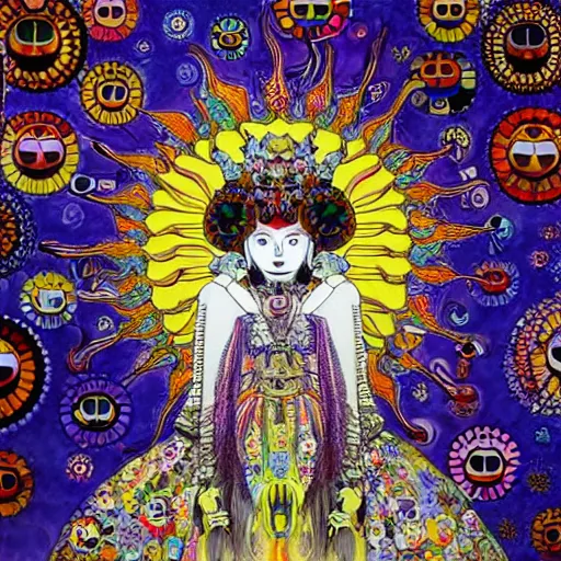 Prompt: the queen of the sun by takashi murakami and h.r. giger, full body, oil on canvas, intricately detailed artwork, full 8k high quality resolution, recently just found unknown masterpiece