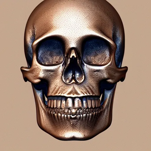 Prompt: human skull ornated, filigree, patina, bronze, ornaments, 3 d design for tattoo, hyper maximalist, elegant, ornate, luxury, elite, symmetrical, unreal engine, 3 d design